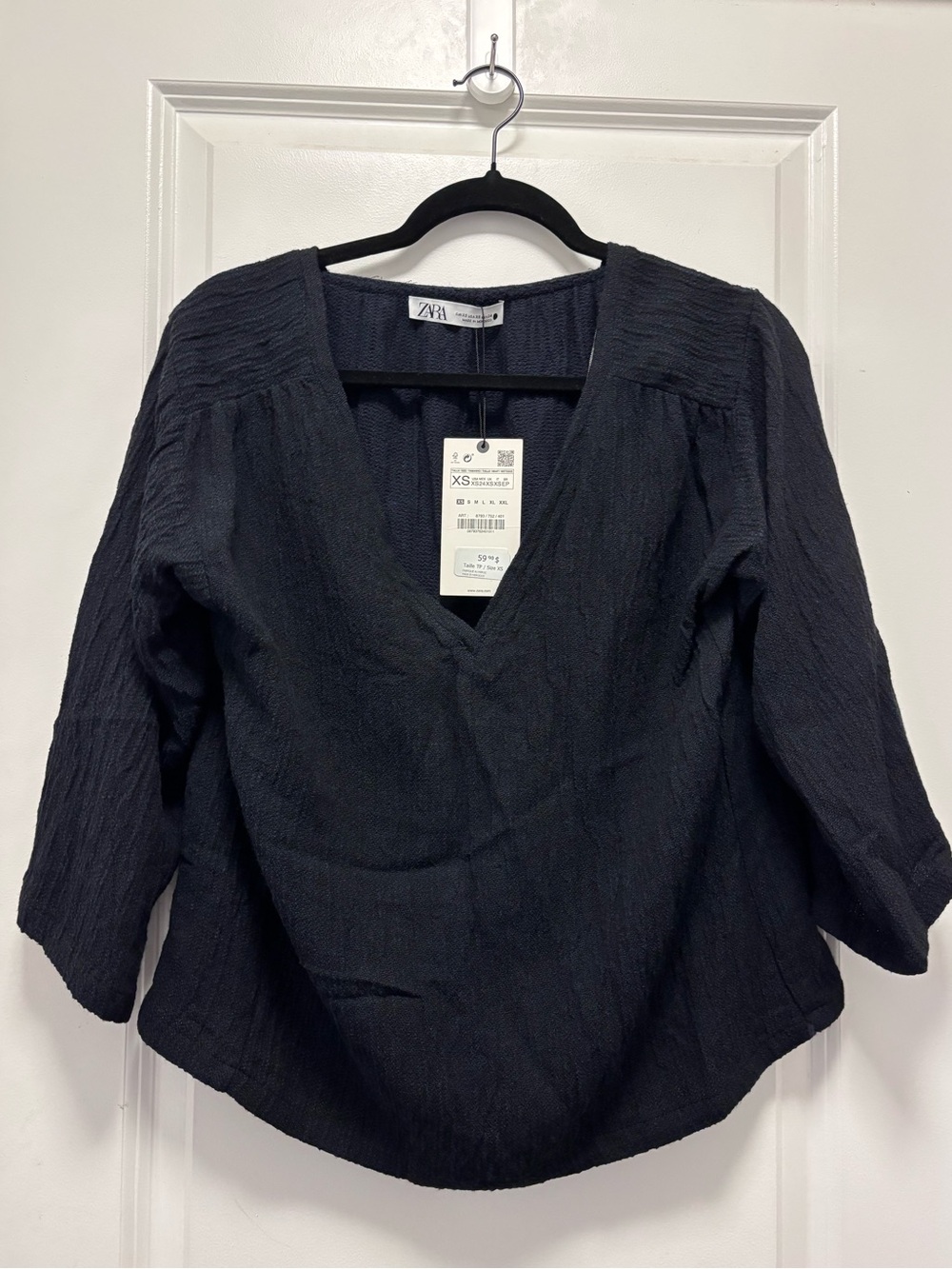 Zara Black Textured V-Neck Blouse